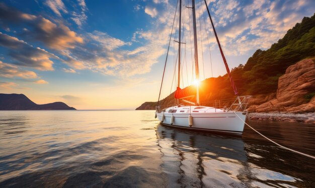 Ein Segelboot im Wasser bei Sonnenuntergang