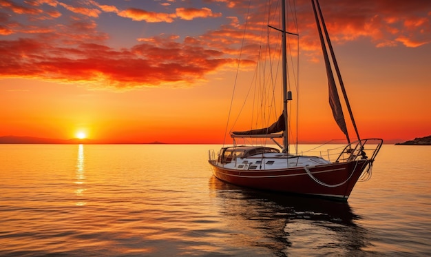 Ein Segelboot im Wasser bei Sonnenuntergang
