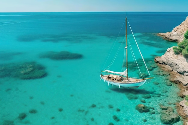 Ein Segelboot liegt im klaren Wasser des Ozeans vor Anker