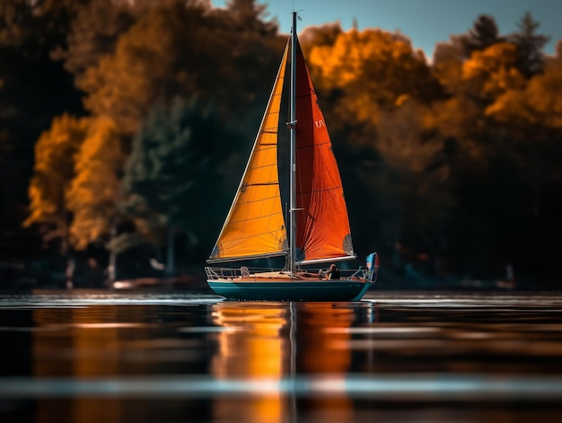 Ein Segelboot mit orangefarbenen Segeln segelt auf einem See mit Bäumen im Hintergrund.