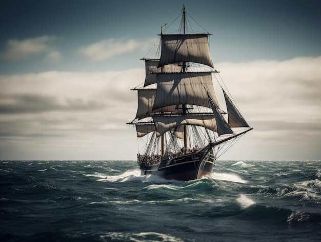 Ein Segelboot mit Segeln den Ozean hinunter, mit Wolken im Hintergrund.