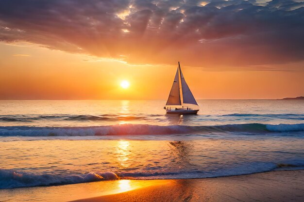 Ein Segelboot segelt bei Sonnenuntergang am Strand.