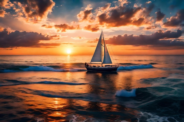 Foto ein segelboot segelt bei sonnenuntergang im ozean.