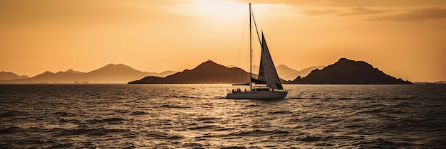 Ein Segelboot segelt im Meer mit Bergen im Hintergrund.