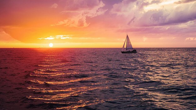 ein Segelboot segelt im Ozean, während die Sonne hinter ihm untergeht