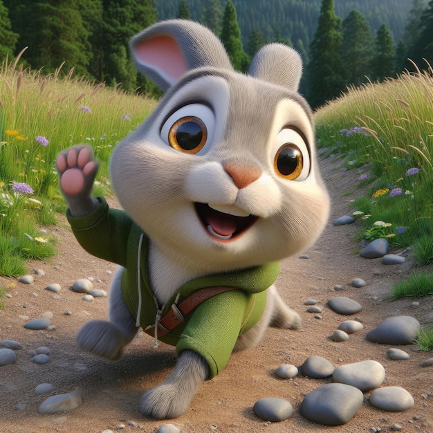 Ein sehr detaillierter animierter Kaninchen mit großen ausdrucksstarken Augen und einem breiten Lächeln