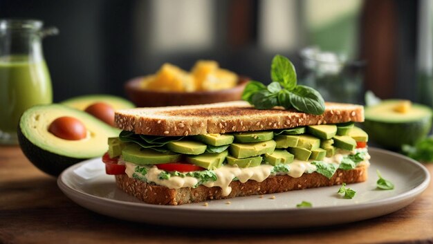 Foto ein sehr gesundes und leckeres avocado-sandwich konzept der richtigen ernährung stillleben mit einem großen vitamin sandwich und avocado