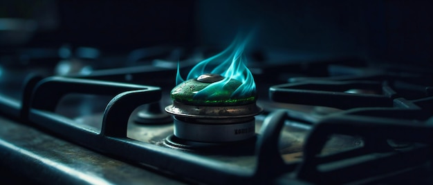 Foto ein sehr nahes bild einer blauen flamme auf einem gasherd