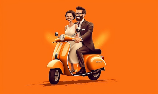 Ein sehr romantisches Paar fährt mit dem Roller in generativer KI mit orangefarbenem Hintergrund