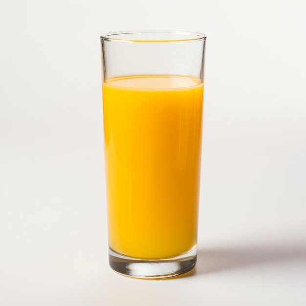 Ein sehr schlechtes, billiges, qualitativ schlechtes Smartphone-Foto mit Orangensaft in einem durchsichtigen Glas auf einem weißen