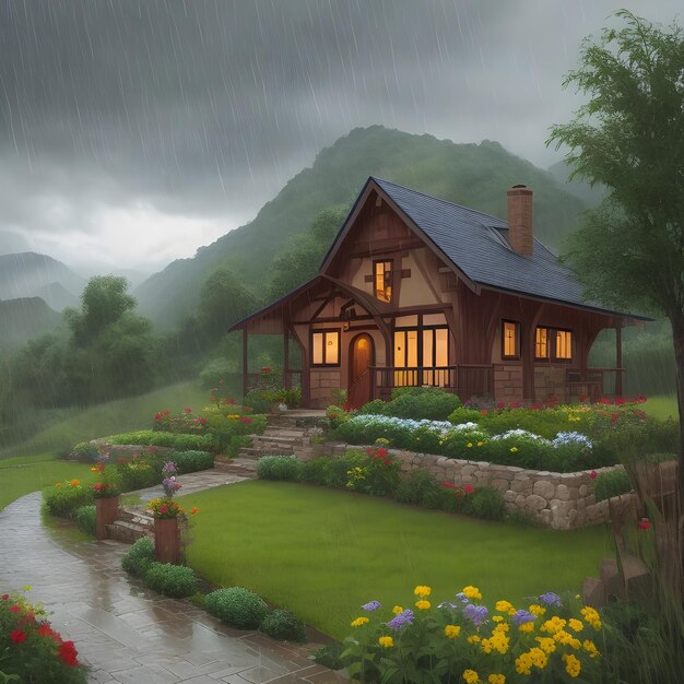 Ein sehr schönes Haus mit Blick auf die Natur und einem romantischen Wetter