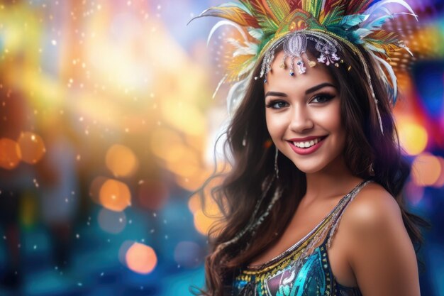 Ein sehr schönes Mädchen sieht in der Kamera gekleidet für den Karneval in Rio de Janeiro in Brasilien aus