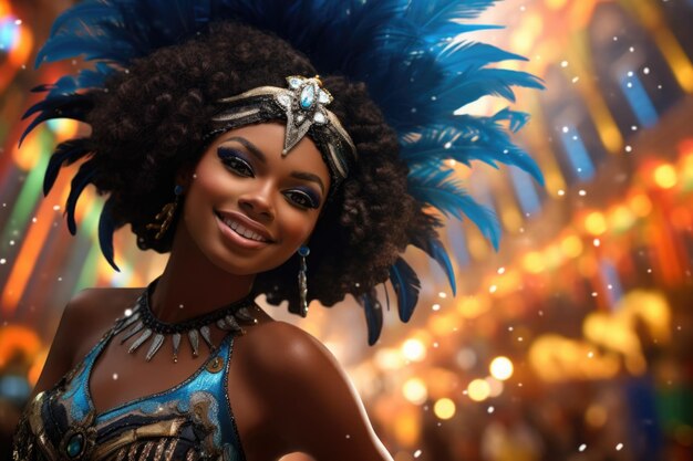 Ein sehr schönes Mädchen sieht in der Kamera gekleidet für den Karneval in Rio de Janeiro in Brasilien aus