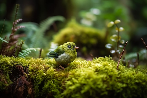 Ein sehr süßer kleiner Shamrock-Vogel in einem moosigen Wald Generative KI