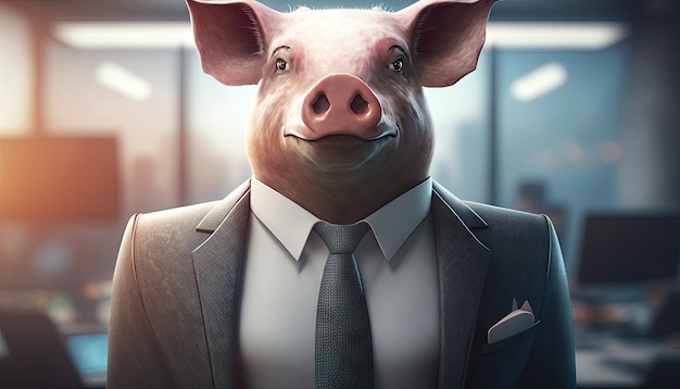 Ein selbstbewusster Geschäftsmann mit Schweinekopf in einem formellen Anzug im Büro