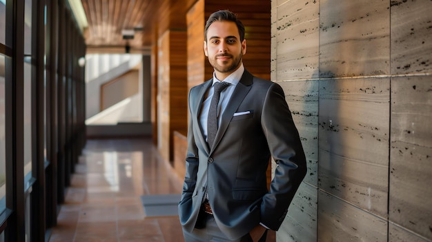 Ein selbstbewusster junger Geschäftsmann steht in einem modernen Bürogebäude, er trägt einen Anzug und eine Krawatte und hat seine Hände in den Taschen.
