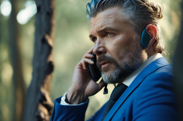 Ein selbstbewusster kaukasischer Manager in einem eleganten blauen Anzug bespricht aufmerksam die Transportlogistik mit einem entfernten Vorgesetzten über ein Festnetztelefon