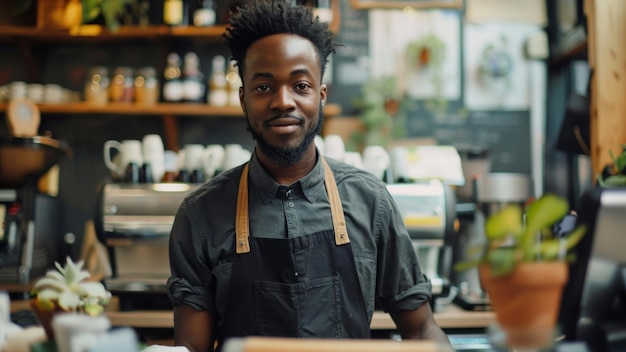 Ein selbstbewusster männlicher Barista steht bereit hinter der Theke eines grünen, mit Pflanzen gefüllten Cafés