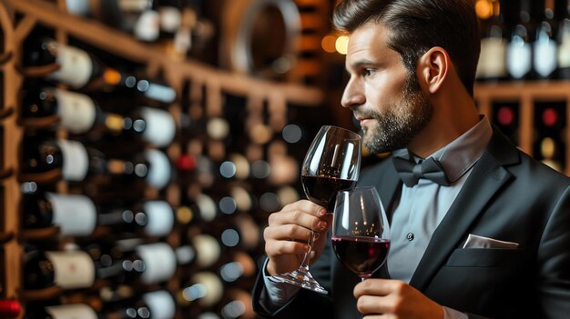 Ein selbstbewusster männlicher Sommelier schwirlt und schnuppt ein Glas Rotwein in einem Weinkeller