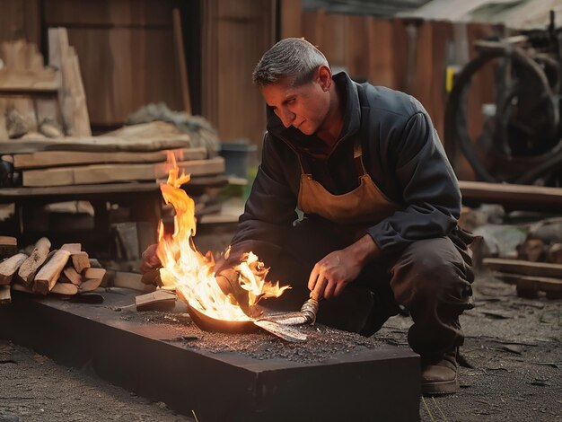 Ein selbstbewusster Mann, der mit Feuer arbeitet und geschickt Metall herstellt