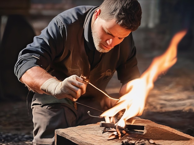 Ein selbstbewusster Mann, der mit Feuer arbeitet und geschickt Metall herstellt