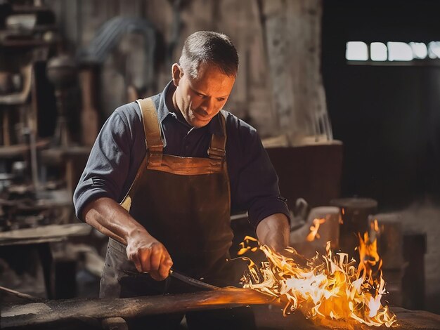 Ein selbstbewusster Mann, der mit Feuer arbeitet und geschickt Metall herstellt