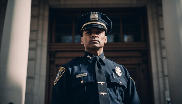 Ein selbstbewusster Mann in Uniform, der mit der von KI generierten Autorität und Fachkenntnis schützt