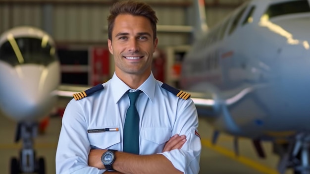 Ein selbstbewusster Pilot Im Hintergrund ist ein Flugzeug zu sehen, während ein selbstbewusster Pilot in Uniform mit verschränkten Armen und einem Lächeln dasteht. Erzeugt KI