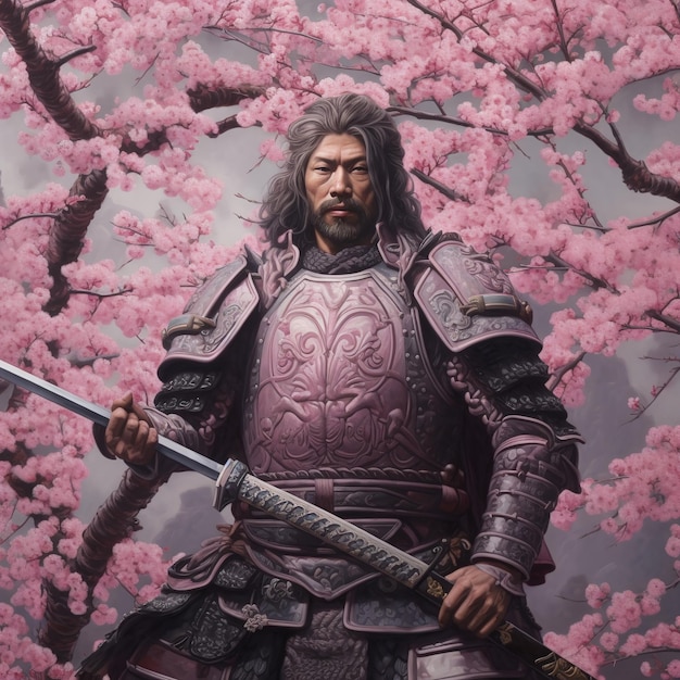 Ein selbstbewusster Samurai in Rüstung und mit Schwert steht in einer Sakura-Plantage mit generativer KI