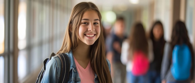 Ein selbstbewusster Teenager mit einem strahlenden Lächeln geht einen Schulgang entlang. Ihr Rucksack deutet auf einen Tag voller Potenzial hin.