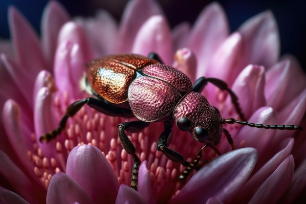 Ein seltener metallfarbener Käfer, der auf einer Blume ruht, die mit generativer KI erstellt wurde