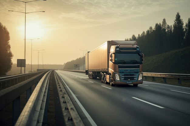 Ein Semi-LKW fährt bei Sonnenuntergang eine lange leere Autobahn entlang