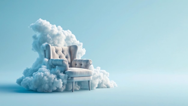 Ein Sessel mit Wolken Flauschige Wolke um den weichen Sessel Friedlicher Ort für Meditation und Denken Träumen psychische Gesundheit ruhiger Ort ruhiger Ort Entspannung Gemütlichkeit und Befriedigung