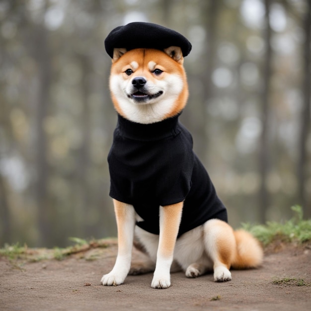 Ein Shiba Inu-Hund mit Baskenmütze und Schwarz