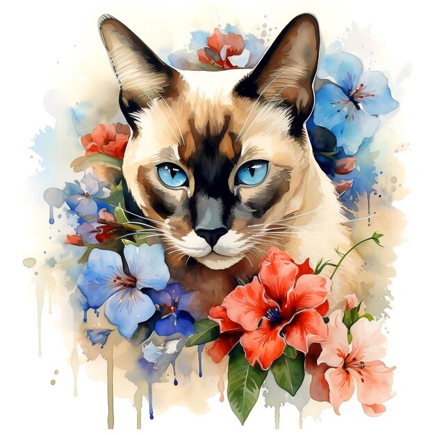 Ein Siamese- oder Wichienmaat-Katzenkopf und wunderschöne tropische Blumen auf weißem Hintergrund Säugetiere Haustiere Illustration Generative KI