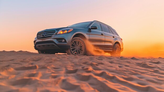 Ein silberner Mercedes-Geländewagen fährt bei Sonnenuntergang durch die Wüste