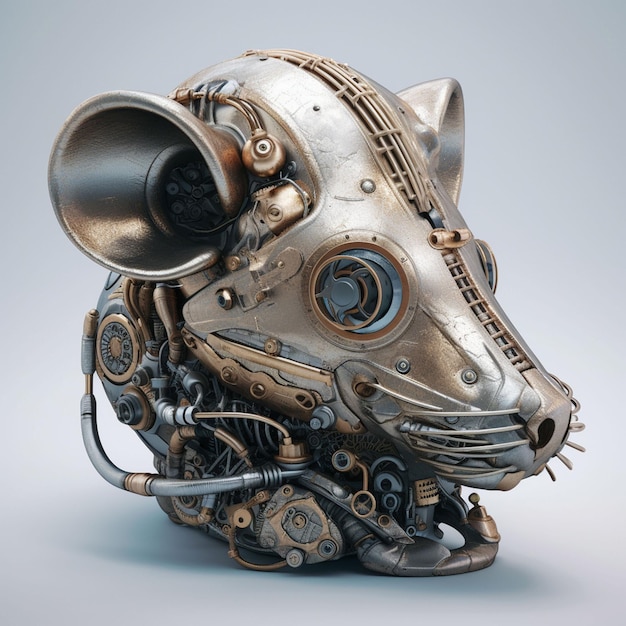 Ein silberner Rattenkopf mit einem Gesicht aus Metall und einigen Teilen.