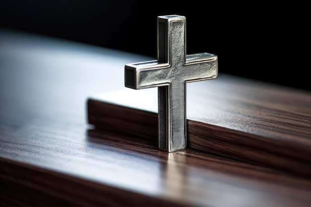 ein silbernes Kreuz auf einer Holzoberfläche