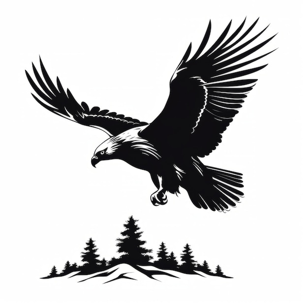 Foto ein silhouette eines schwarz-weißen adlers, der über einen wald fliegt