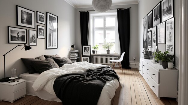 Ein skandinavisches Schlafzimmer mit einer Galeriewand aus Schwarz-Weiß-Fotografien, die einen Hauch von Persönlichkeit verleiht