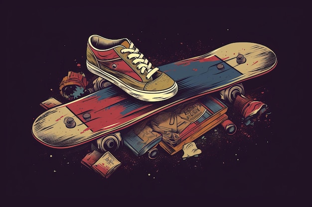 Ein Skateboard mit einem Schuh darauf, auf dem Skateboarding steht.