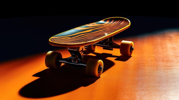 Ein Skateboard mit Streifenmuster steht auf einer orangefarbenen Fläche.