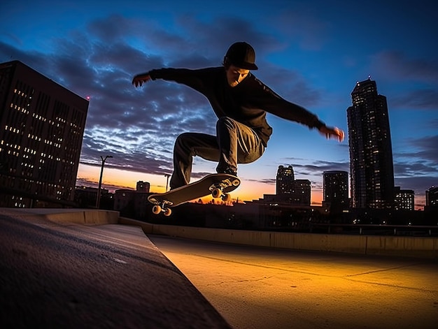 Ein Skateboarder ist nachts in der Luft, im Hintergrund die Skyline der Stadt.