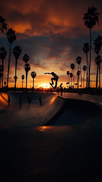 Ein Skateboarder macht bei Sonnenuntergang einen Trick in einem Skatepark.