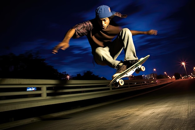 Ein Skateboarder mit blauem Hut macht einen Trick in der Luft.