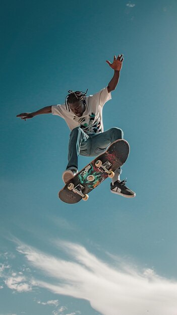 Ein Skater zeigt in der Stadt mit Skateboard städtische Landschaft