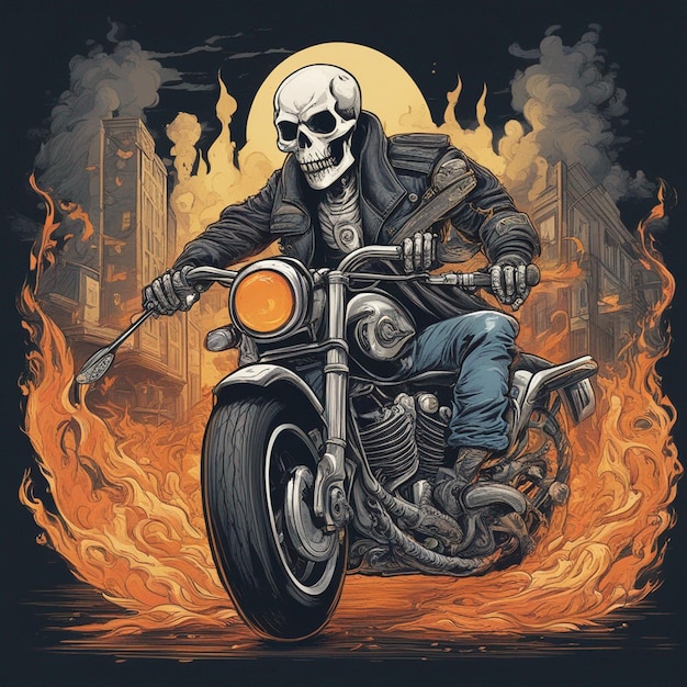 Ein Skelett, das auf einem Motorrad fährt und eine Jacke und Jeans mit Feuer-T-Shirt-Design-Vektor trägt, ist bereit