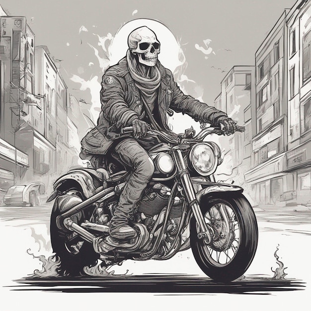 Ein Skelett, das auf einem Motorrad fährt und eine Jacke und Jeans mit Feuer-T-Shirt-Design-Vektor trägt, ist bereit