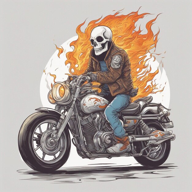 Ein Skelett, das auf einem Motorrad fährt und eine Jacke und Jeans mit Feuer-T-Shirt-Design-Vektor trägt, ist bereit