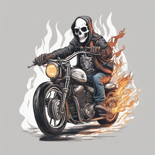 Ein Skelett, das auf einem Motorrad fährt und eine Jacke und Jeans mit Feuer-T-Shirt-Design-Vektor trägt, ist bereit